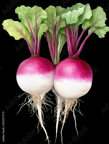 Three radishes with white and red stripes