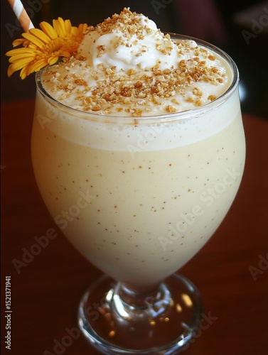 Glass of smoothie with a flower on top