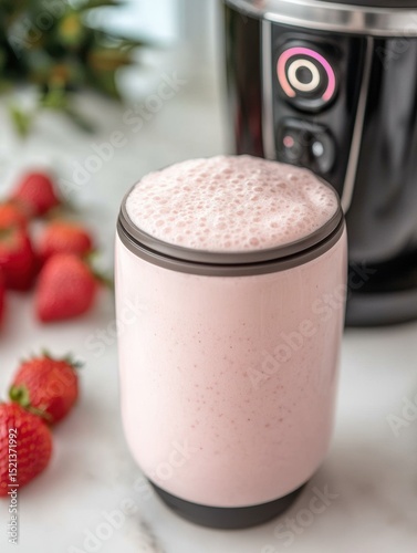 Glass of pink smoothie sits on a counter next to a blender
