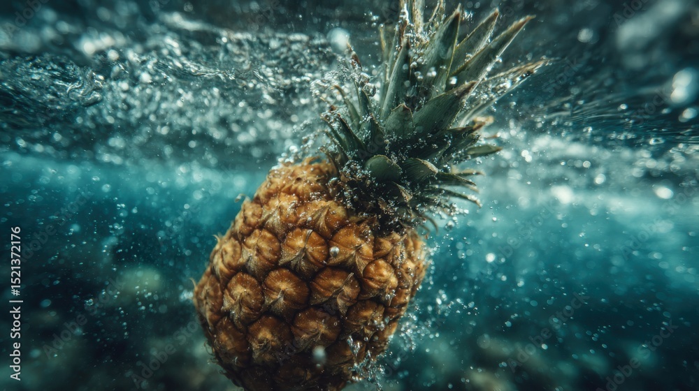 Ripe pineapple floating underwater with dynamic air bubbles in tropical ocean environment perfect for exotic fruit advertising, summer beverage visuals and creative food photography Ripe pineapple floating underwater with dynamic air bubbles in tropical ocean environment perfect for exotic fruit advertising, summer beverage visuals and creative food photography