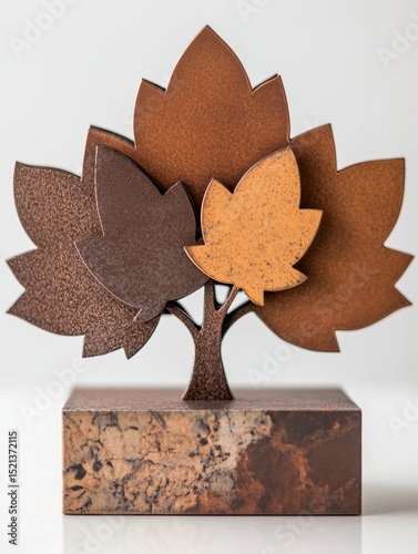 Tree made of leaves is displayed on a white surface