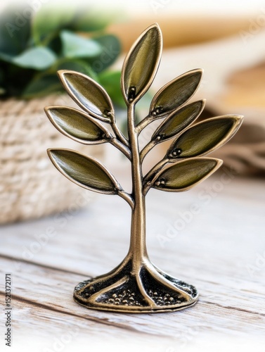 Gold leaf tree with a brown trunk sits on a wooden table