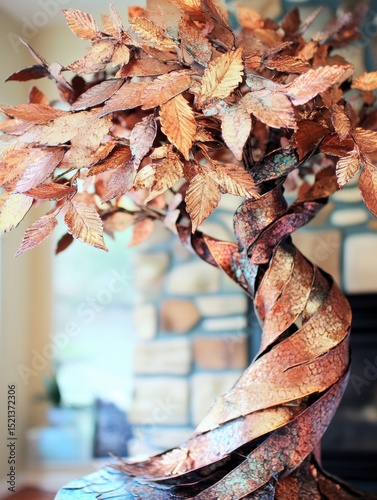 Tree made of metal leaves is displayed in a room with a fireplace