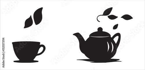 Minimalist Tea Icon Set – Teapot and Teacup with Leaves Silhouette. Victor illustration eps 10