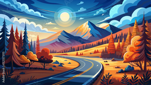 day and night time change concept. road winding through forest in mountain landscape. nature scenery on autumn equinox. cloudy sky with sun and moon Very beautiful
