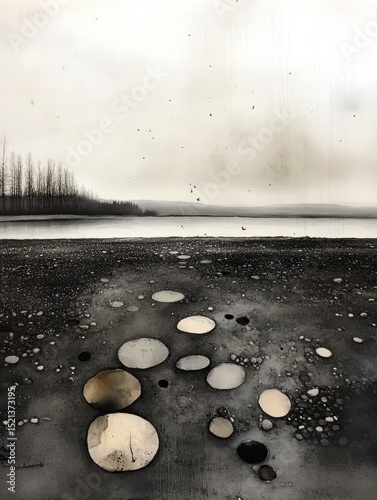 Painting of a beach with a body of water in the background