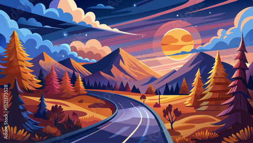 day and night time change concept. road winding through forest in mountain landscape. nature scenery on autumn equinox. cloudy sky with sun and moon Very beautiful
