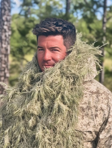 Man is wearing a camouflage jacket and a fake beard