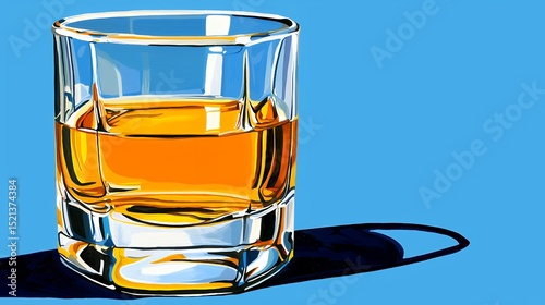 Crystal Glass Filled with Golden Amber Whiskey on a Bright Blue Background photo