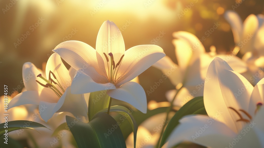 Obraz premium A close-up of white lilies illuminated by soft sunlight in a garden.