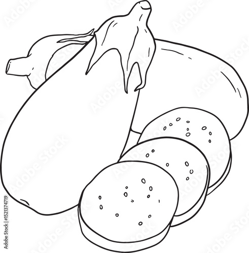 A simple and clear set of hand-drawn eggplant illustrations, perfect for various design projects. Includes whole eggplants and sliced pieces, ideal for coloring books, educational materials, cooking.