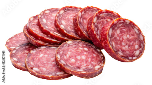 Sliced pieces of salami isolated on white background