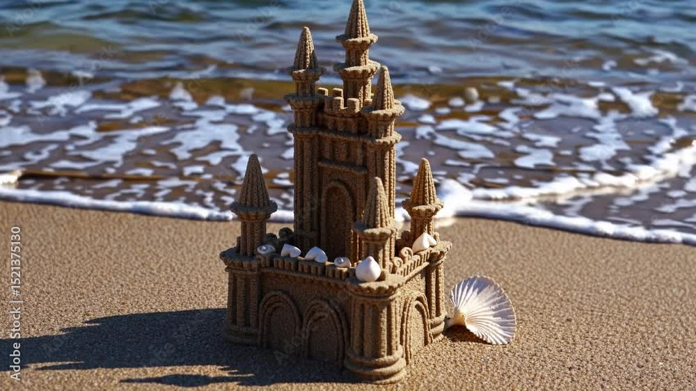 Sandcastle by the Ocean: A meticulously crafted sandcastle stands tall on a sandy beach, waves gently lapping at its base. Seashells adorn its walls.