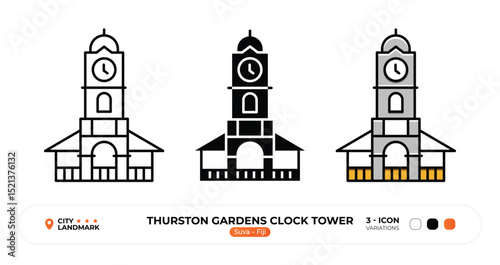 Thurston Gardens Clock Tower Line Icon, Suva, Fiji Landmark Silhouette, Color Vector, Editable Stroke.