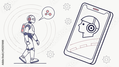 Illustration of a robot walking with a speech bubble and a smartphone displaying a head profile icon