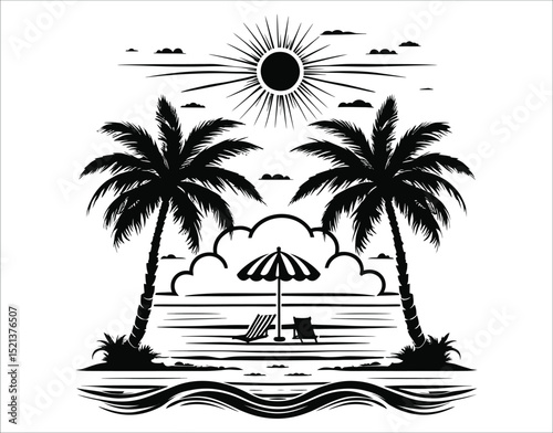 Monochrome Summer Beach with Birds in Sky