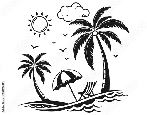 Flat Black Silhouette of Exotic Coastal Scene