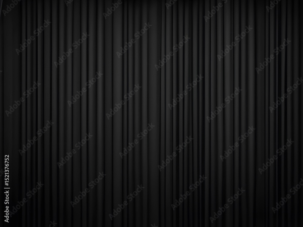 Pleated wavy black curtains hanging vertically with the lighting creates a sense of depth and shadow. Black texture background. Pleated wavy black curtains hanging vertically with the lighting creates a sense of depth and shadow. Black texture background.