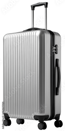 Stylish silver suitcase on wheels perfect for travel. Ideal for adventure seekers and business trips with ample storage space.