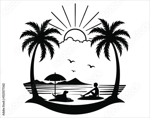 Silhouetted Relaxation on Beach with Pet and Umbrella