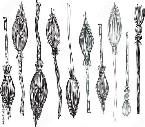 Vector Set Witch broom hand drawn sketch magic halloween clip art design fairy symbols wizard items Coloring book Line drawing minimalistic black outline ink style engraving graphics flat illustration