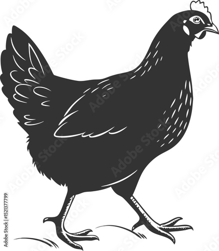 Silhouette illustration of a chicken walking with detailed feathers and simple background art