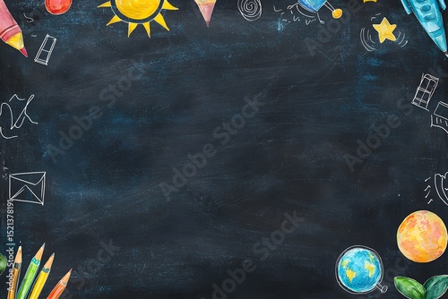 Colorful Chalkboard Background with Creative Drawings and Borders