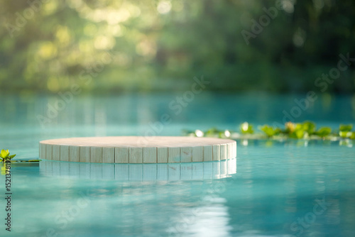 Serene wooden platform floating on tranquil water with natural background and copy space