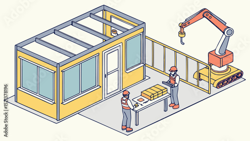 Isometric view of construction site with prefabricated building, workers, and robotic arm in operation