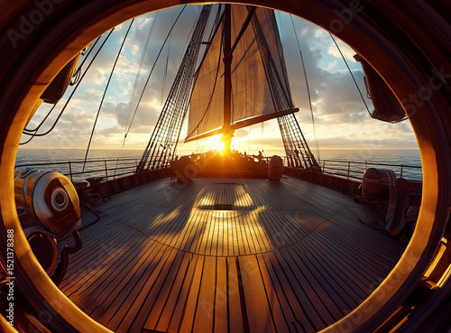 A sailboat deck with the sun shining through the sails, fisheye photography, nautical theme, high resolution, professional photograph, wide-angle lens, golden hour lighting, photorealistic. 