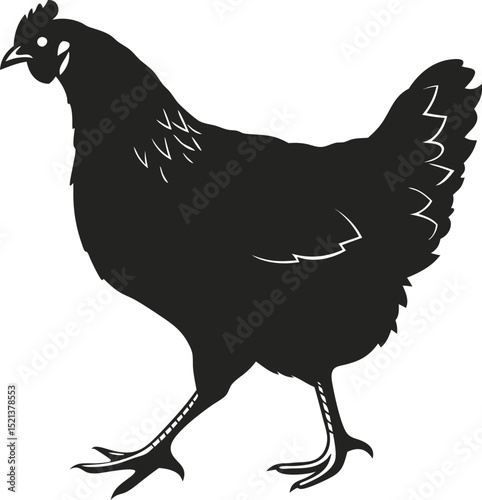 A silhouette of a chicken walking with its head slightly turned on a white background image style