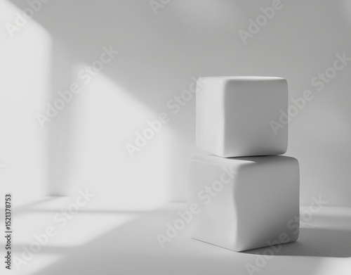 3D rendering of three white cubes on the right side, on an isolated background. The first cube is at the top left and bottom left of the screen. Each box has four sides, each with rounded corners. The