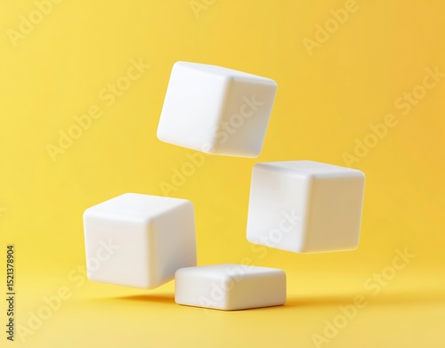 3D rendering of three white cubes on the right side, on an isolated background. The first cube is at the top left and bottom left of the screen. Each box has four sides, each with rounded corners. The