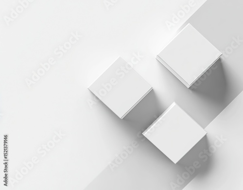 3D rendering of three white cubes on the right side, on an isolated background. The first cube is at the top left and bottom left of the screen. Each box has four sides, each with rounded corners. The