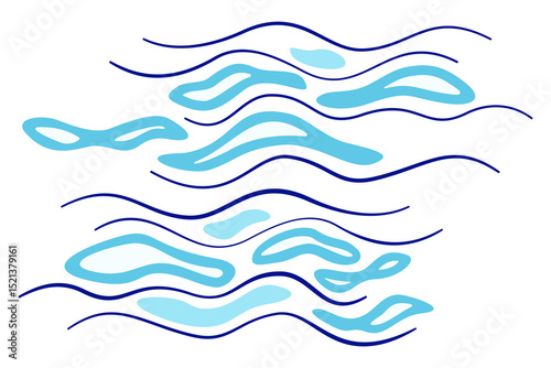 Minimalist water blue nature flat vector illustration. Blue waves on white background. Abstract background of different curved lines and shapes. Natural native decorative design element