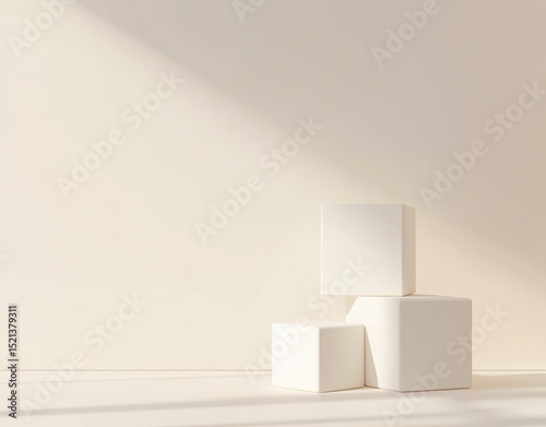 3D rendering of three white cubes on the right side, on an isolated background. The first cube is at the top left and bottom left of the screen. Each box has four sides, each with rounded corners. The