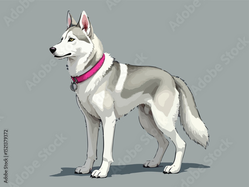 Illustration of a dog with a pink collar standing on a gray background, looking cheerful and playful..eps