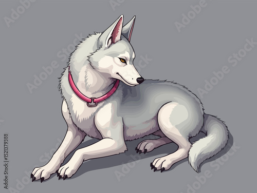 A white wolf wearing a pink collar sits quietly on the ground, showing off its striking fur and attentive expression..eps