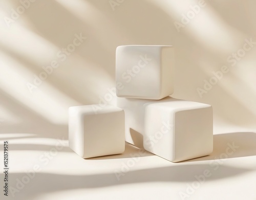 3D rendering of three white cubes on the right side, stacked in one row and isolated against a light background. The first cube is lying flat to fill up half its surface with shadow, while two more bl