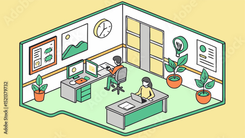 Isometric view of an office space with two employees working at their desks and potted plants around it