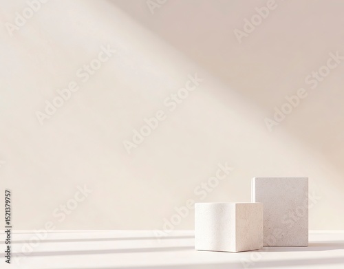 3D rendering of three white cubes on the right side, stacked in one row and isolated against a light background. The first cube is lying flat to fill up half its surface with shadow, while two more bl