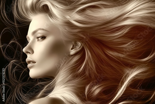 Elegant blonde woman with flowing hair and beauty captured in stunning sepia tone photography.