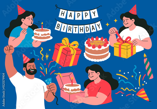 People enjoying a birthday party with various celebration elements