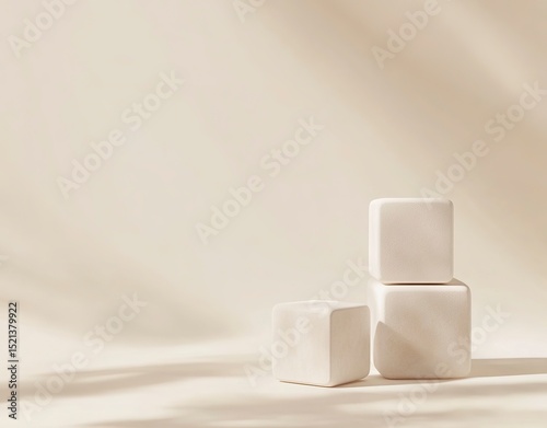 3D rendering of three white cubes on the right side, stacked in one row and isolated against a light background. The first cube is lying flat to fill up half its surface with shadow, while two more bl