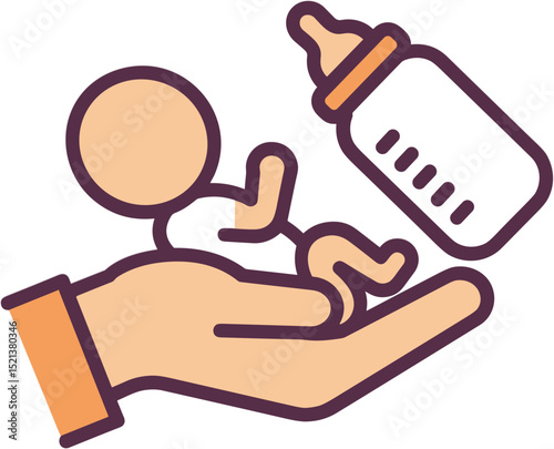 Hand holding baby while feeding with bottle in simple vector style  