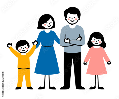 Happy family of four standing together in colorful clothing  