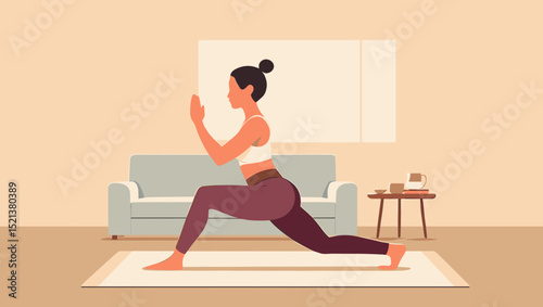 Young woman practicing yoga in cozy living room at home  