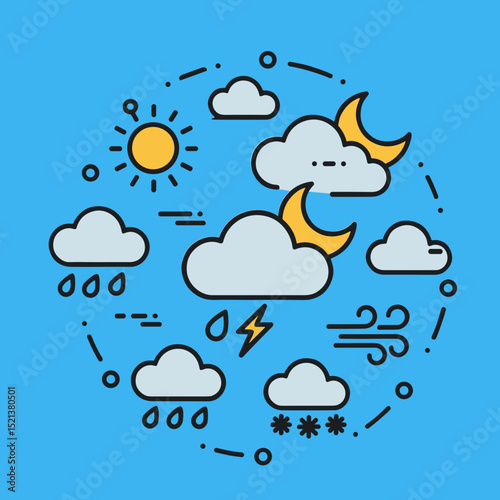 Weather icons in a circular layout with sun, clouds, and lightning  