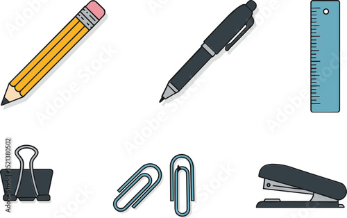 Office stationery items including pencil, pen, ruler, and clips  