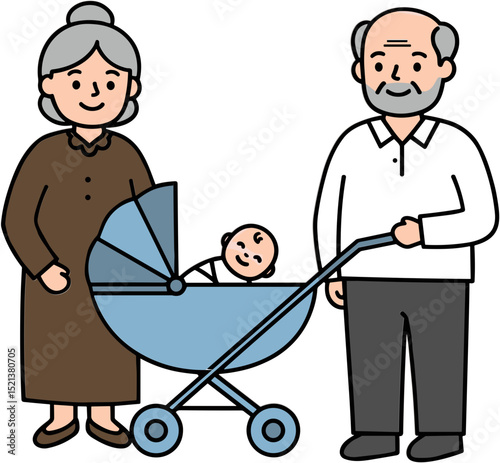 Elderly couple smiling while standing by baby stroller in park  